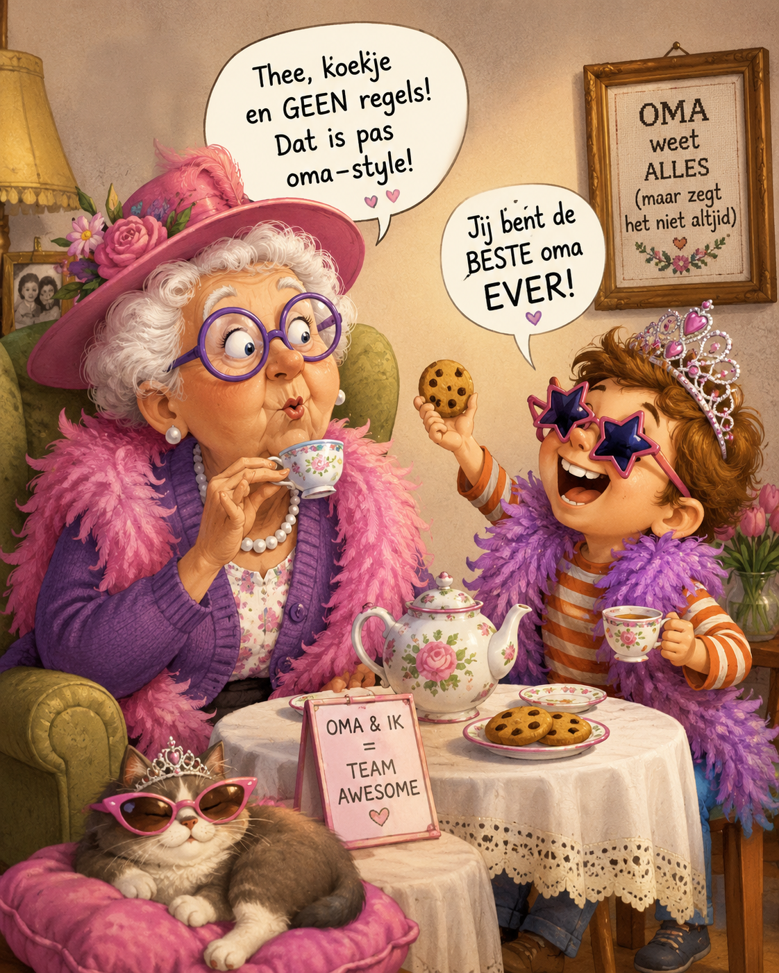 illustratie van oma en kleinkind die theedrinken